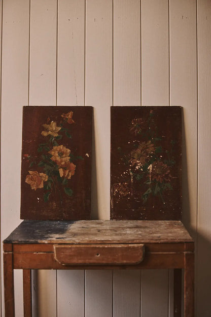 Diptyque de panneaux de bois motif fleurs